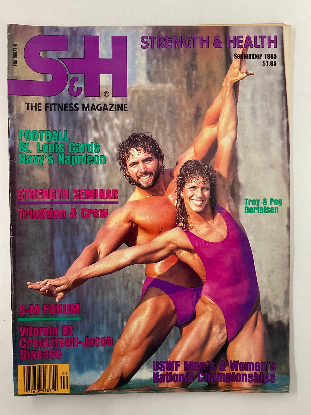 Cover of Strength & Health Magazine September 1985 featuring Troy and Peg Berteisen, showcasing fitness themes from the 1980s.