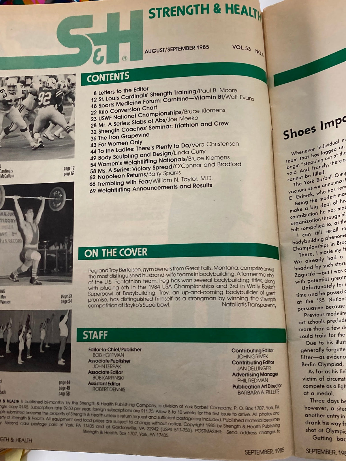 Contents page of Strength & Health Magazine September 1985, highlighting articles and features on fitness topics of the time.
