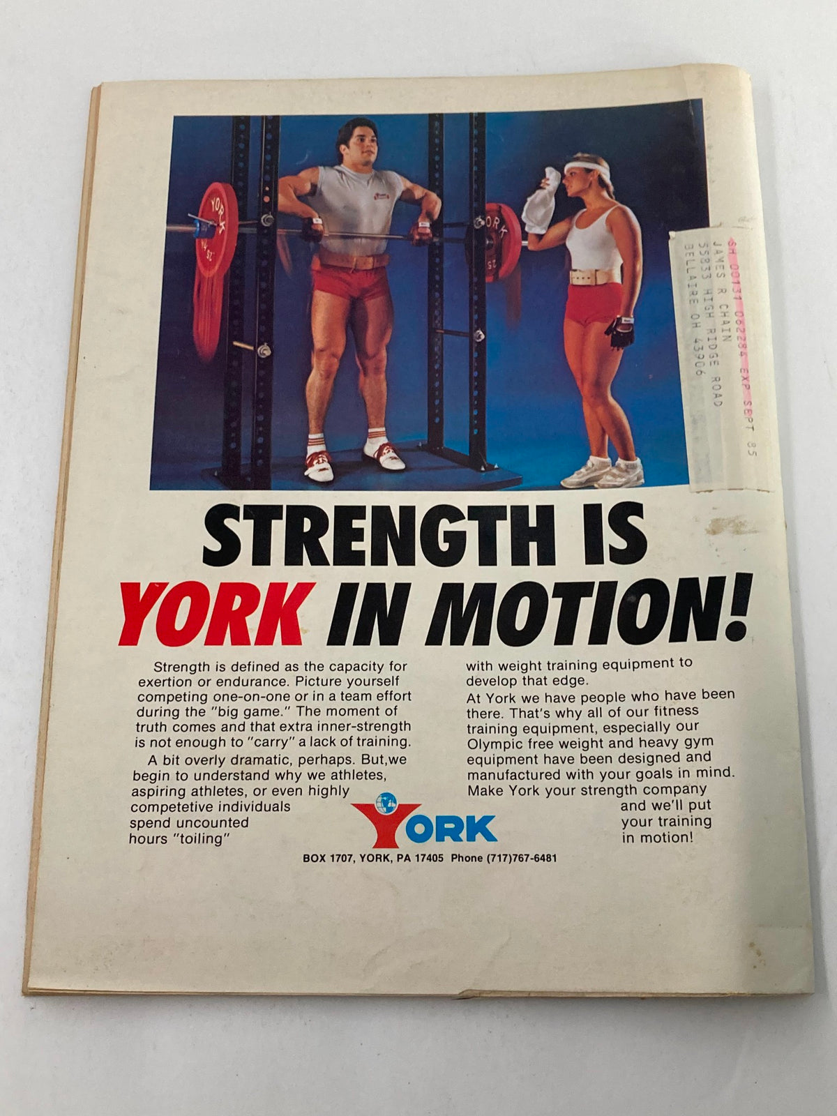 Advertisement page from Strength & Health Magazine September 1985 promoting York fitness equipment, emphasizing strength training.