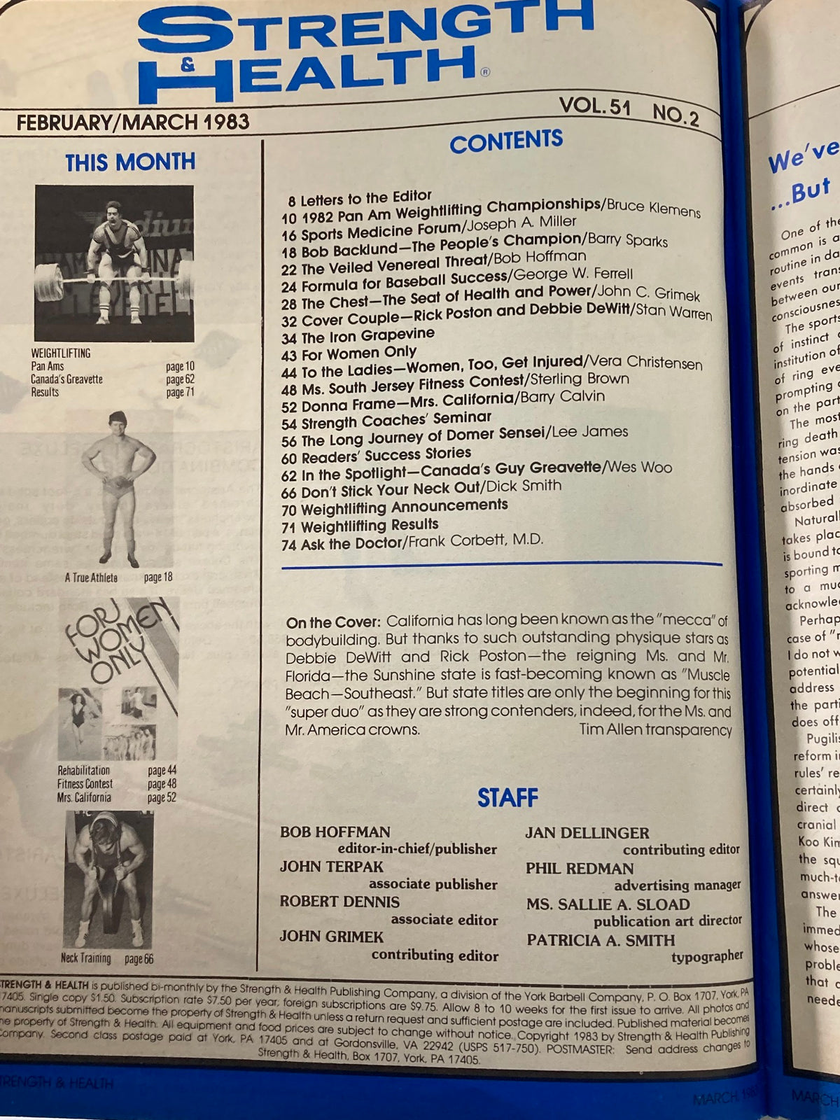 Contents page of Strength & Health Magazine, March 1983, Volume 51 Issue 2, highlighting topics and articles including fitness icons Rick Poston and Debbie DeWitt.