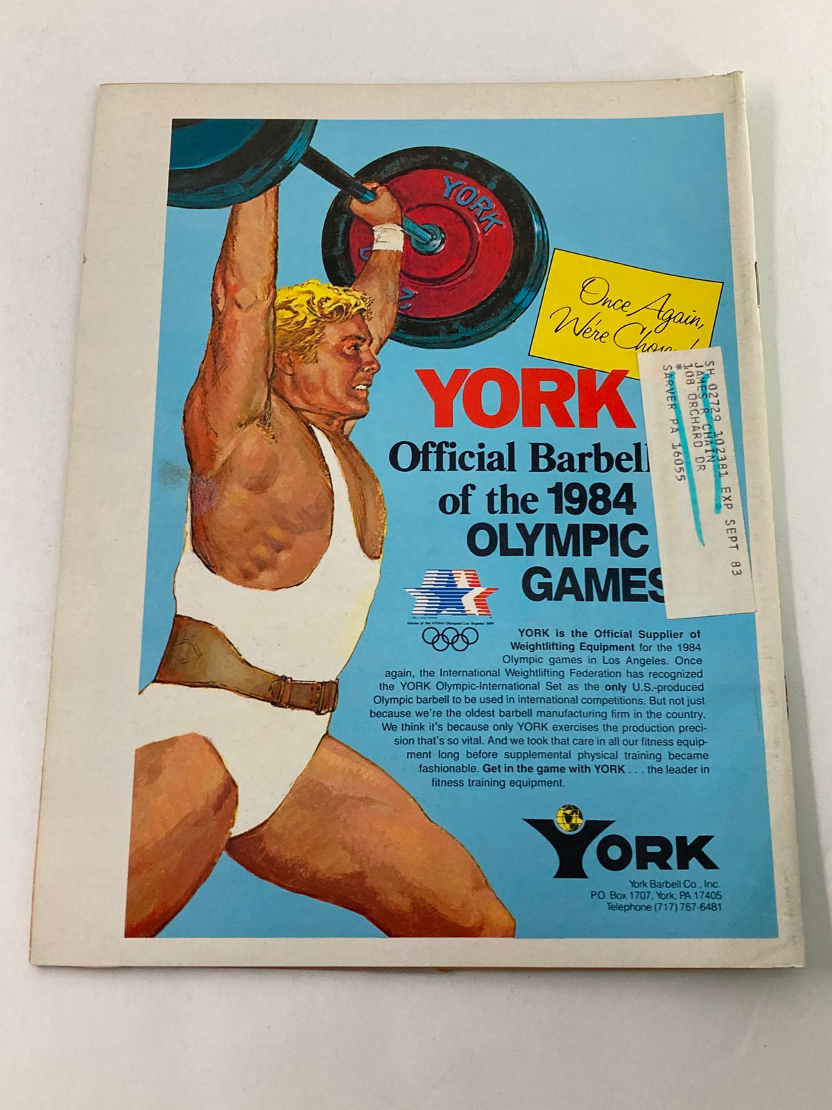 Back cover of Strength & Health Magazine, March 1983, featuring an advertisement for the York Official Barbell of the 1984 Olympic Games.