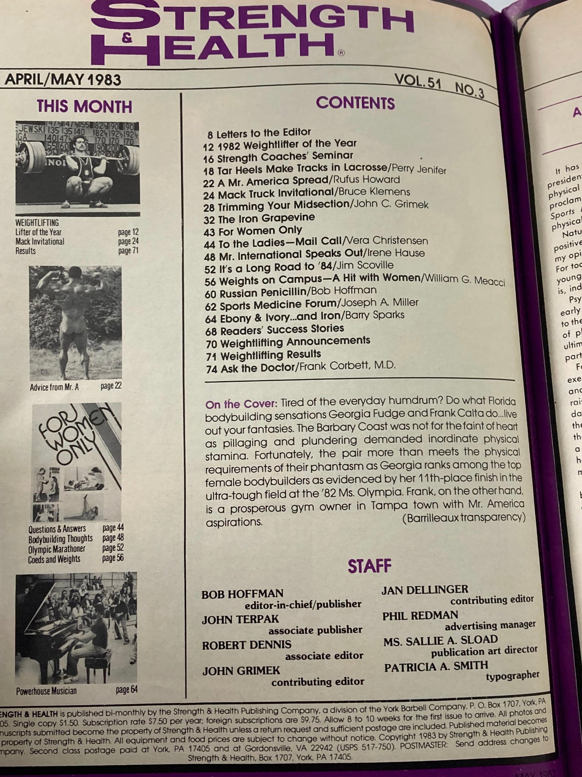 Table of contents page from VTG Strength & Health Magazine May 1983 Vol 51 #3 detailing featured articles and contributors.