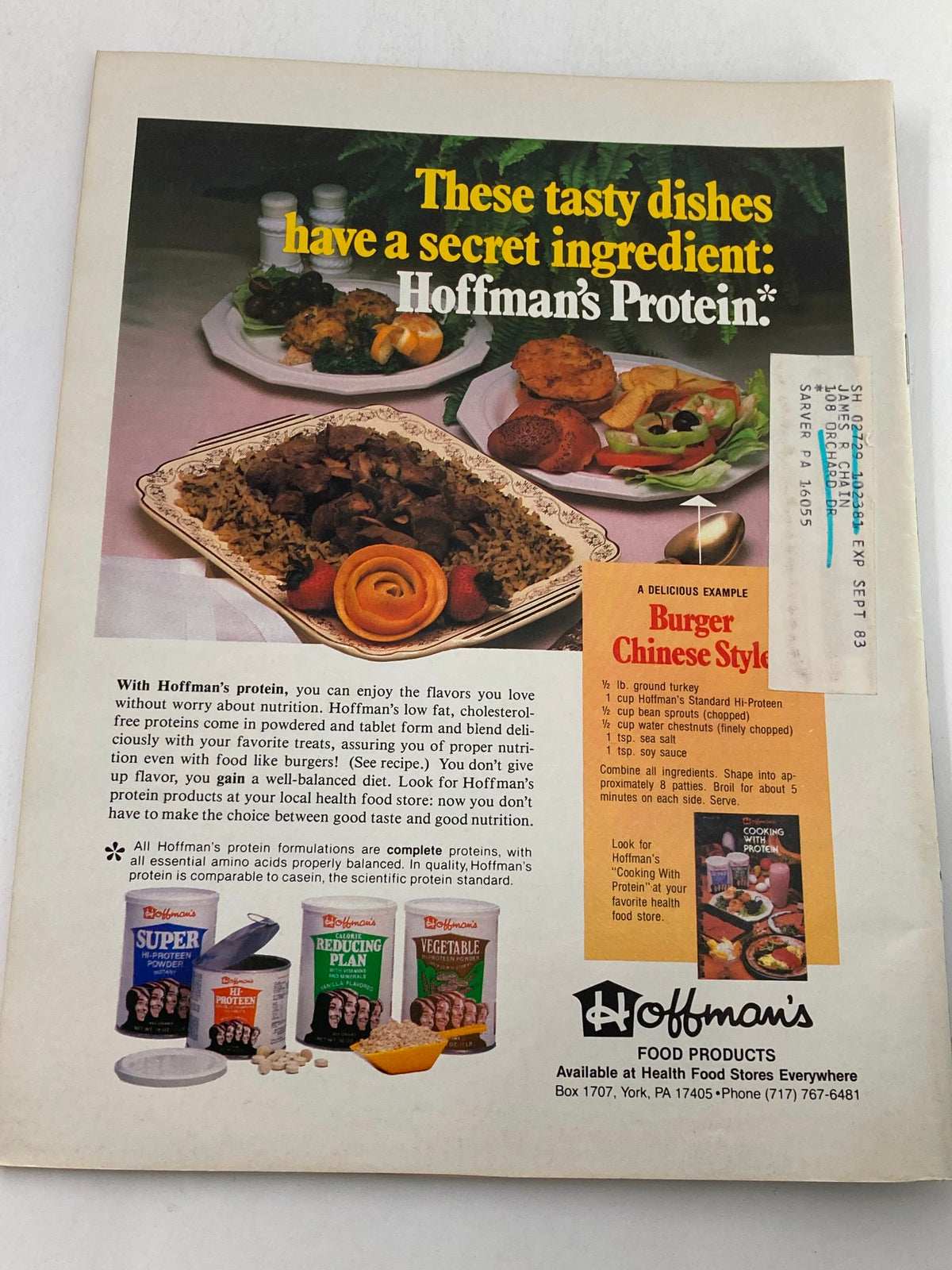 Advertisement page from VTG Strength & Health Magazine May 1983 Vol 51 #3 promoting Hoffman's Protein products with images of healthy dishes.