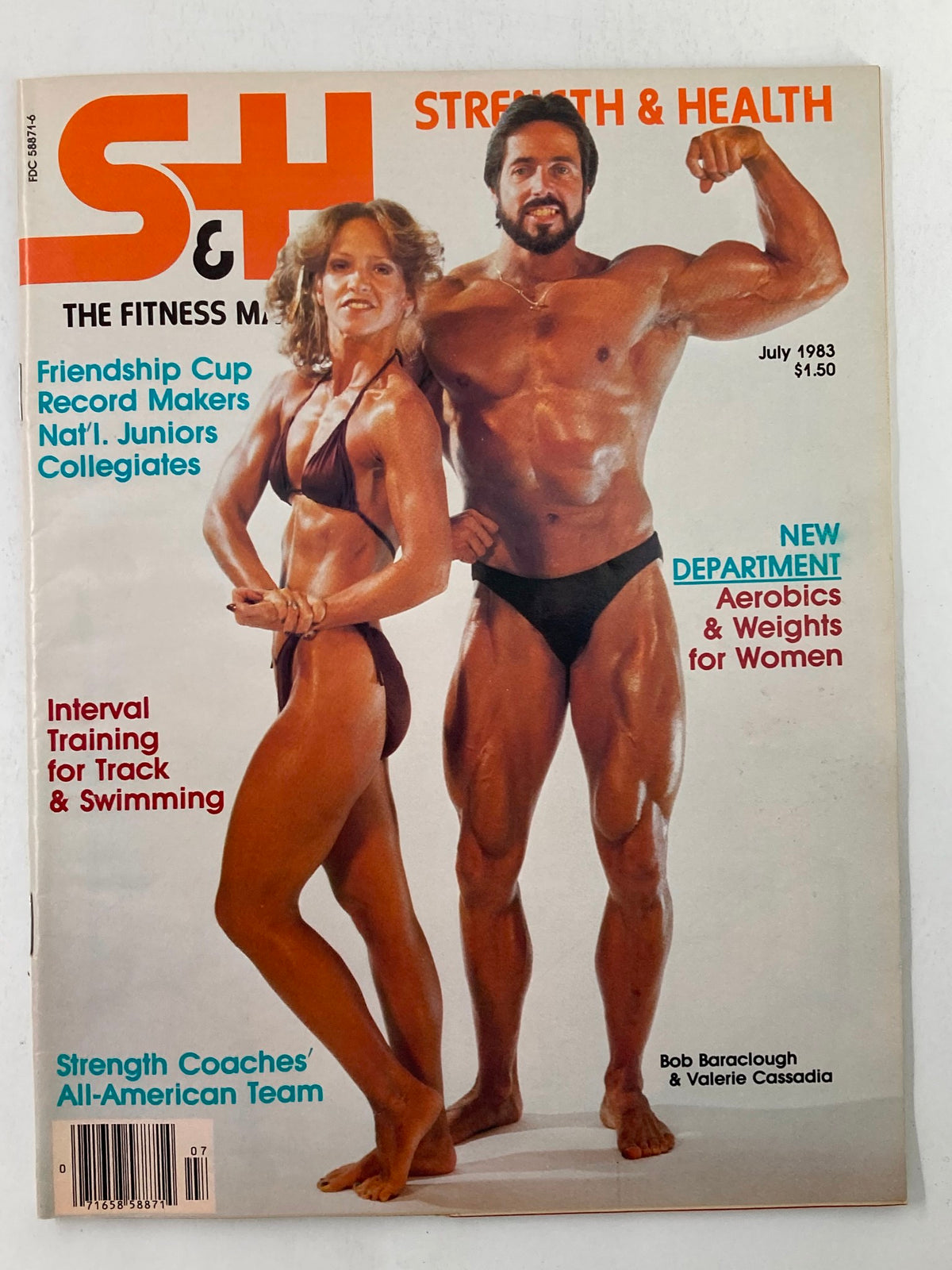 Cover of VTG Strength & Health Magazine July 1983 Vol 51 #4 featuring bodybuilders Bob Baraclough and Valerie Cassadia, showcasing fitness culture in the 1980s.