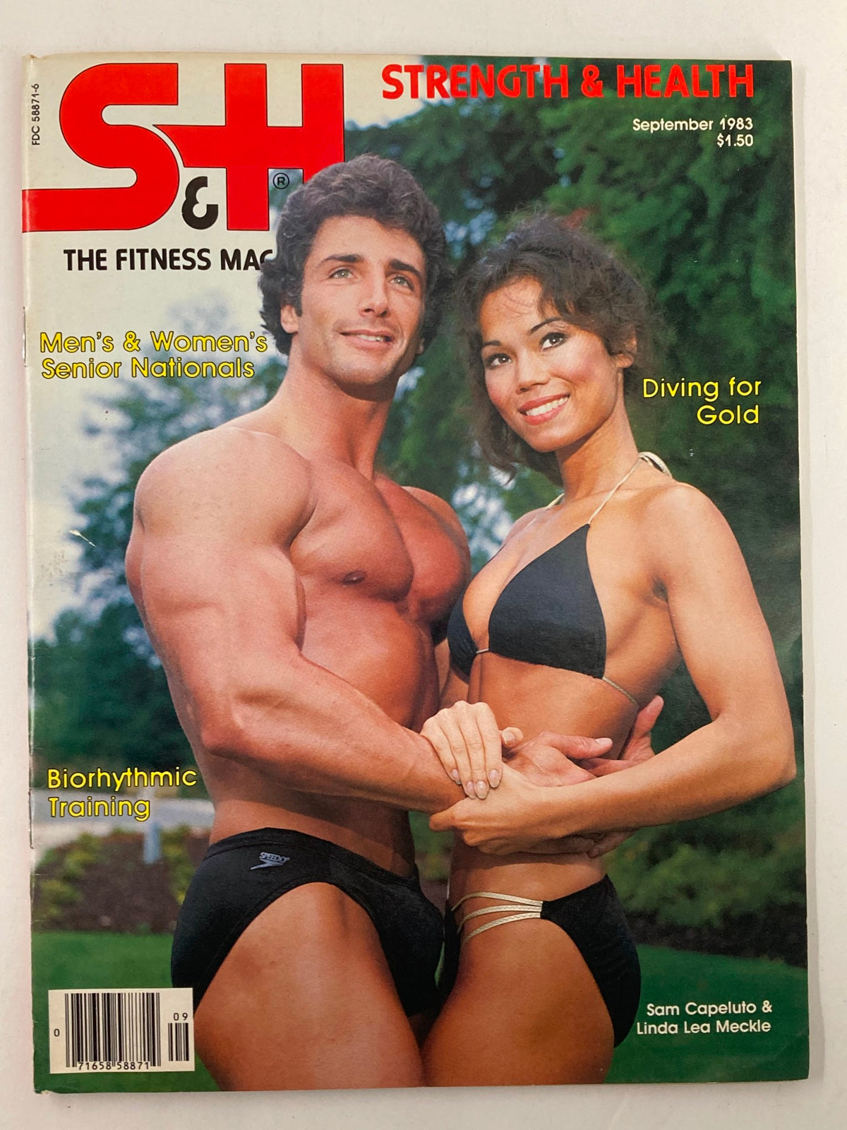Cover of VTG Strength & Health Magazine September 1983 Vol 51 #5 featuring Sam Capeluto and Linda Lea, showcasing fitness culture with the tagline 'Diving for Gold' and highlights on Biorhythmic Training.