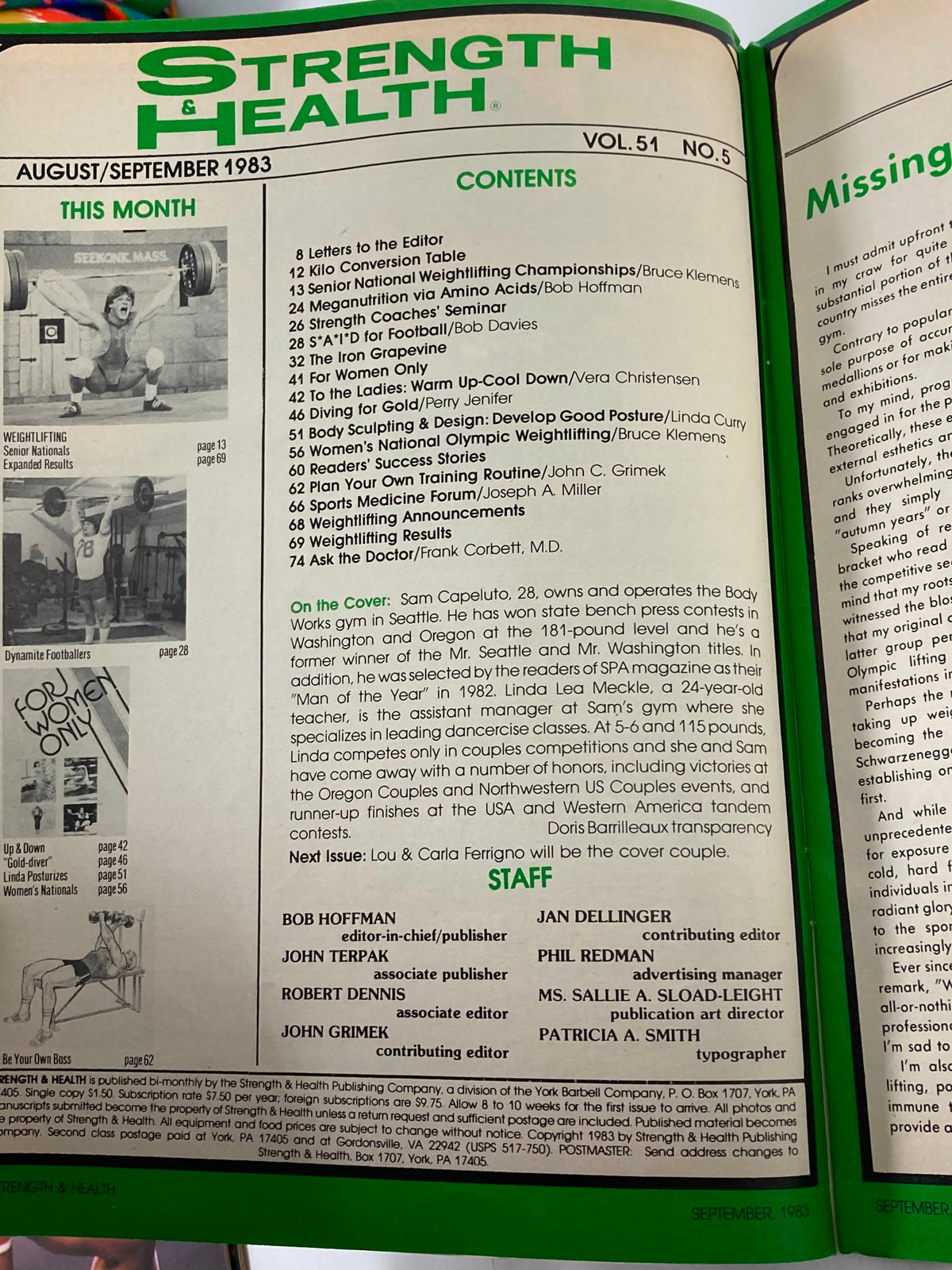 Contents page of VTG Strength & Health Magazine September 1983 Vol 51 #5, detailing articles and features including 'Diving for Gold' and workout routines, emphasizing the fitness trends of the 1980s.