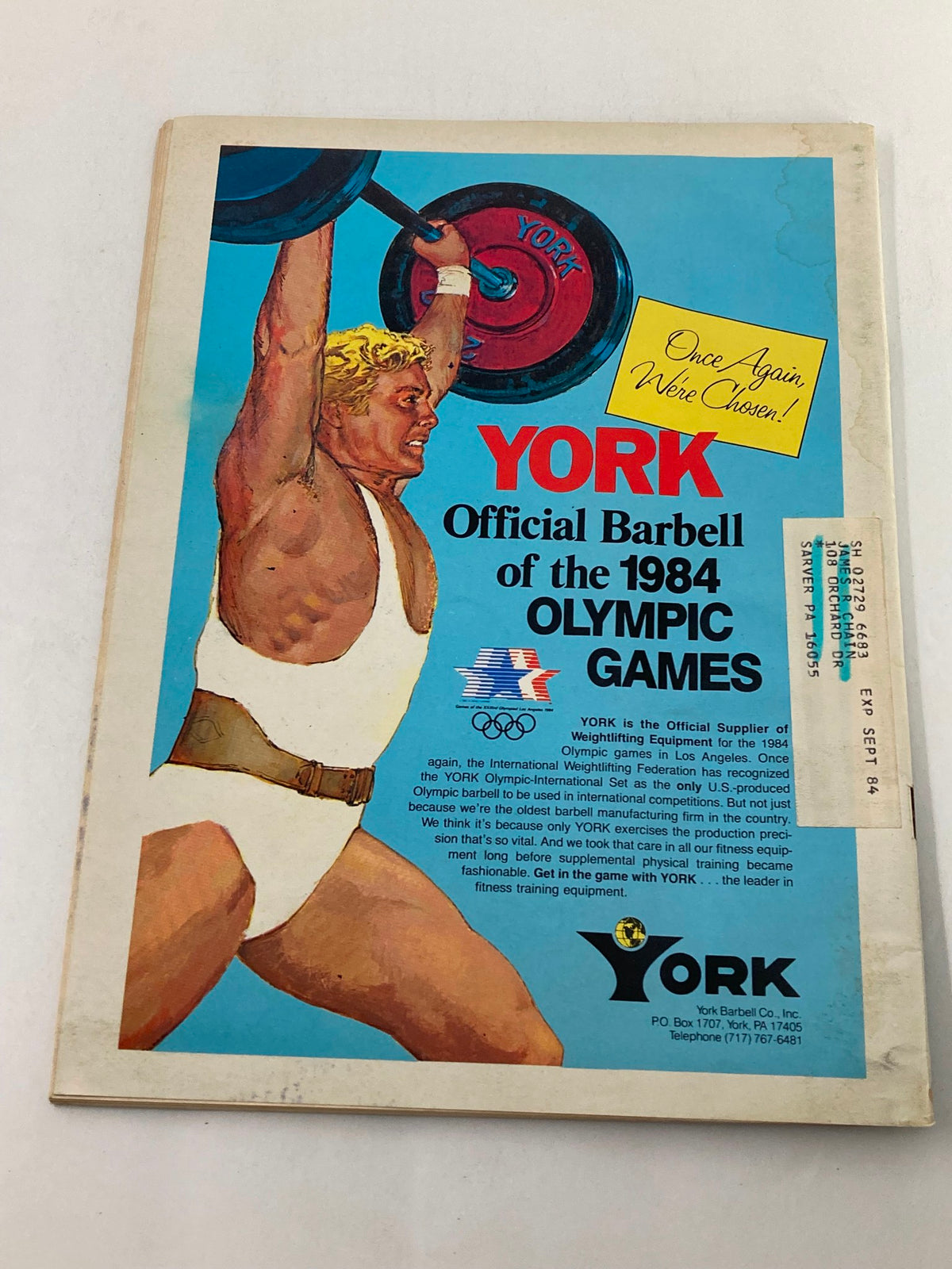 Cover of Strength & Health Magazine from November 1983, Volume 51, Issue #6 featuring Lou and Carla Ferrigno, highlighting fitness trends and bodybuilding culture, with a colorful illustration promoting York Barbell as the Official Supplier of Weightlifting Equipment for the 1984 Olympic Games.