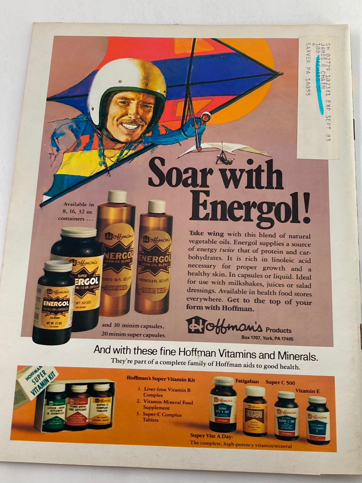 Advertisement page from VTG Strength & Health Magazine July 1982 Vol 50 #4 promoting Hoffman's Energol vitamins, targeted at fitness enthusiasts.