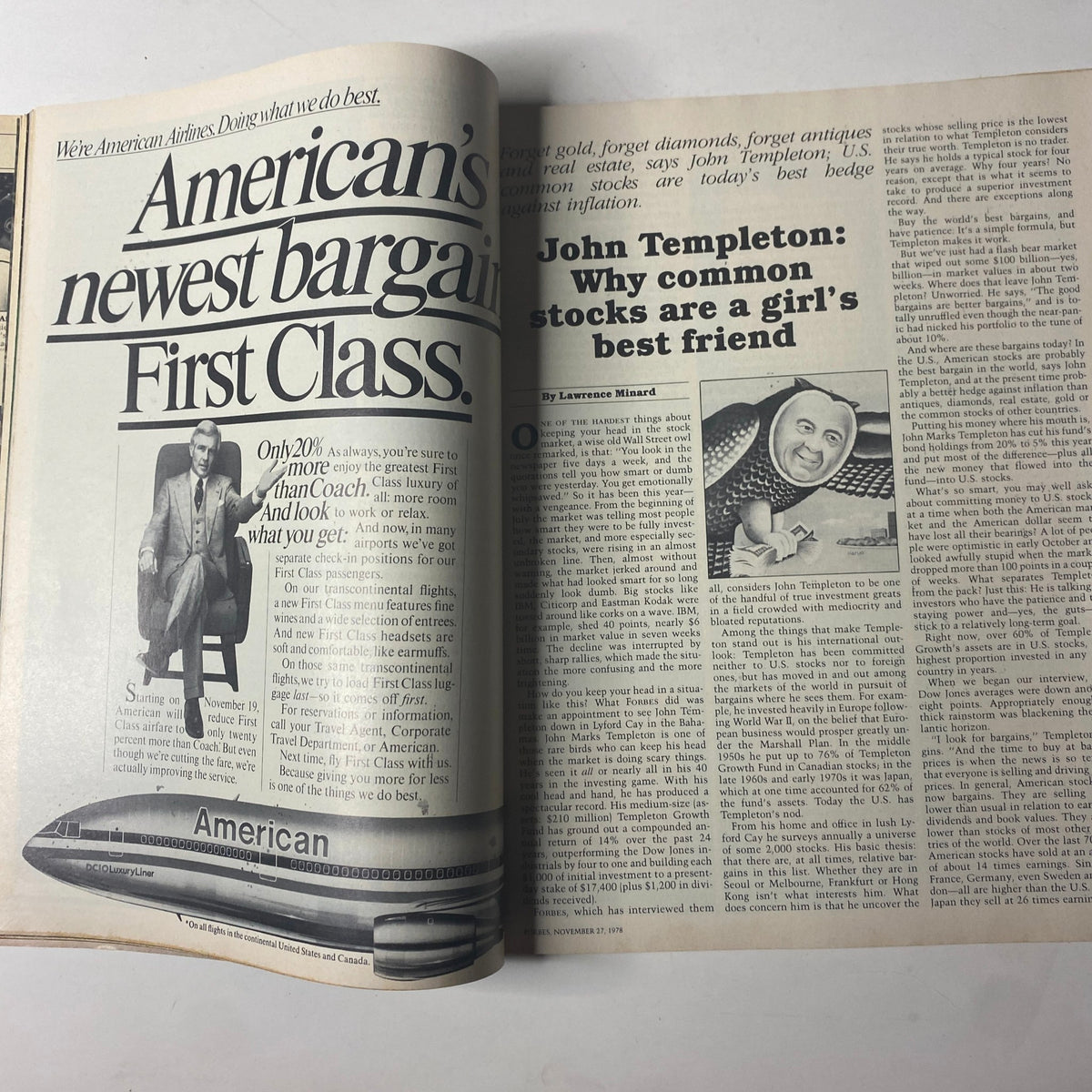 Inside pages of Forbes Magazine November 27, 1978 discussing John Templeton's views on common stocks and investment strategies.
