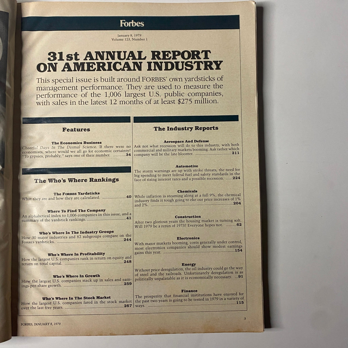 Interior page of Forbes Magazine, January 8, 1979, showcasing the table of contents and features highlighting the 31st Annual Report on American Industry.
