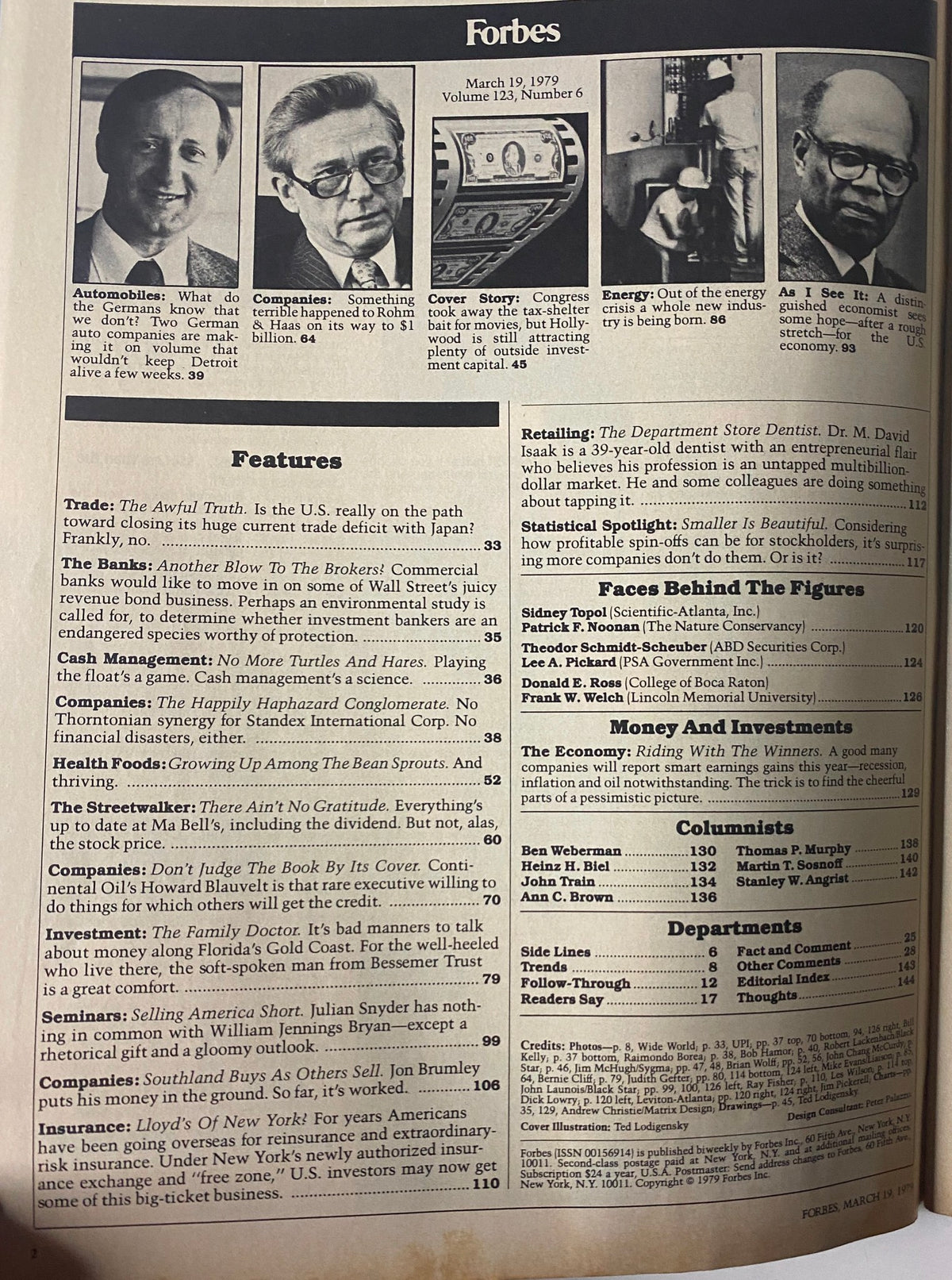 Interior page from Forbes Magazine March 19, 1979, showcasing articles on the film industry and investment opportunities during a pivotal economic period.