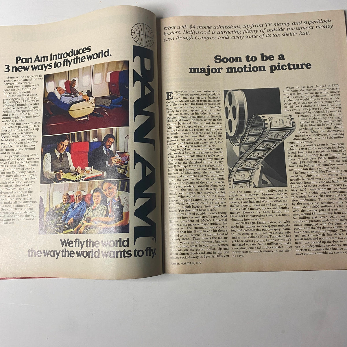 Double-page spread from Forbes Magazine March 19, 1979, highlighting Pan Am's marketing and its connection to the film industry amidst rising movie admissions.