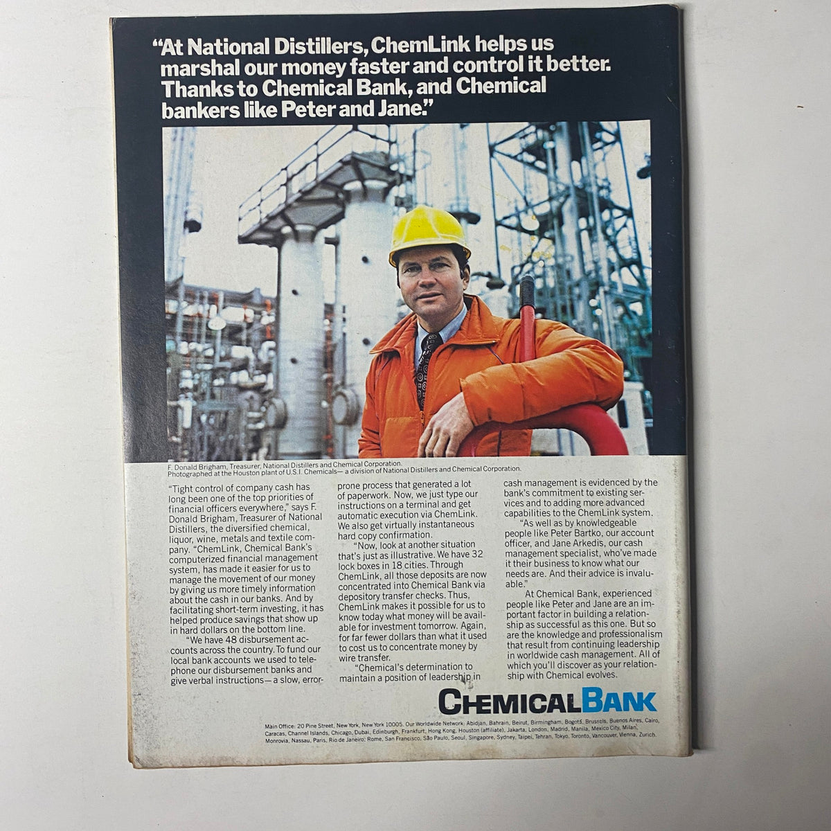 Advertisement in Forbes Magazine March 19, 1979, featuring a professional in a hard hat for Chemical Bank, promoting financial management services in the chemical industry.