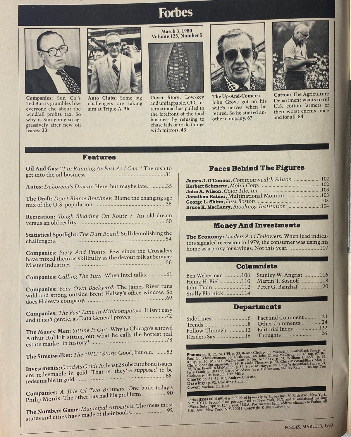 Inside page of Forbes Magazine March 3, 1980 showcasing articles and features including CPC International and Sun Co.