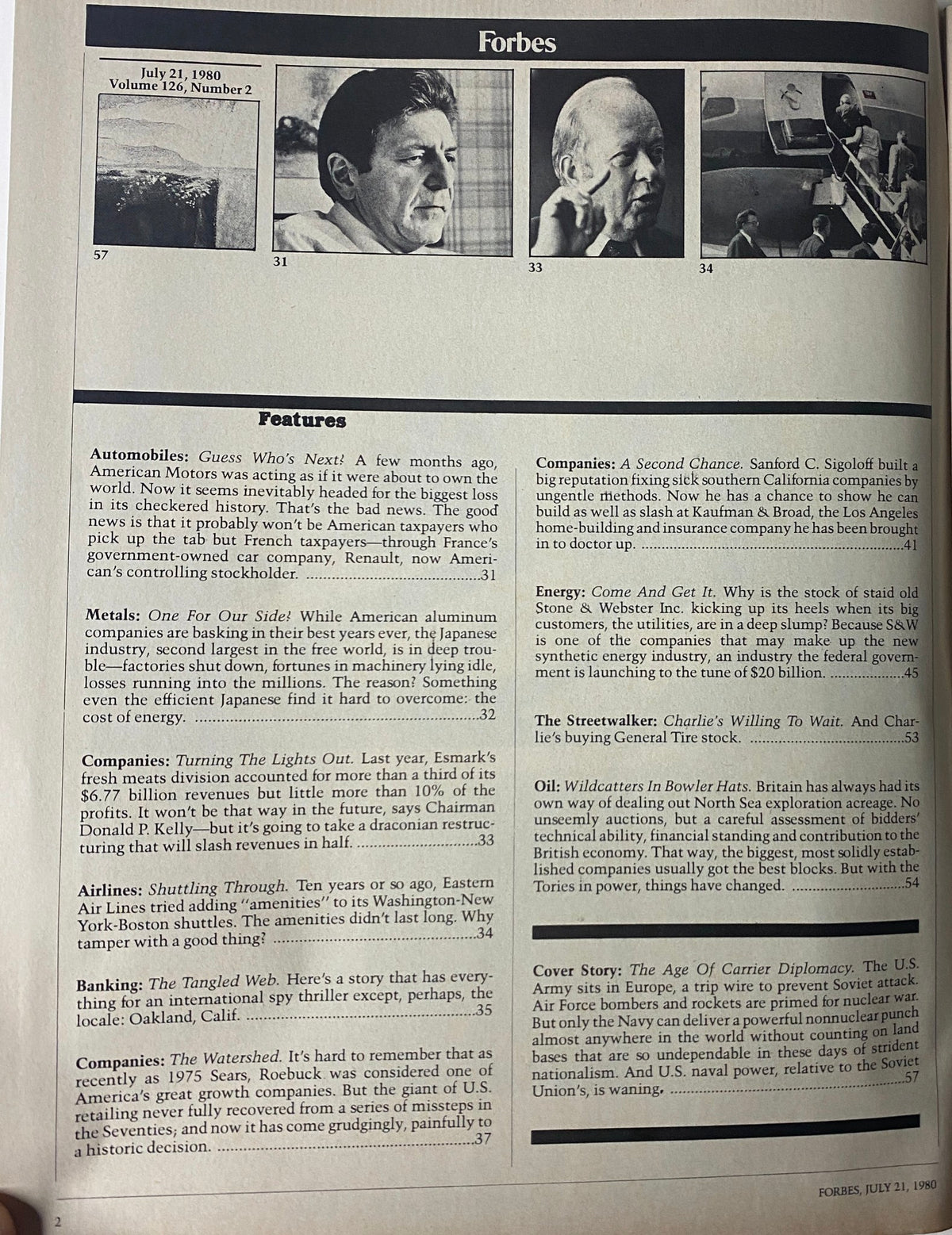 Contents page of Forbes Magazine July 21, 1980, showcasing a list of features including articles on automobiles, companies, and military spending.