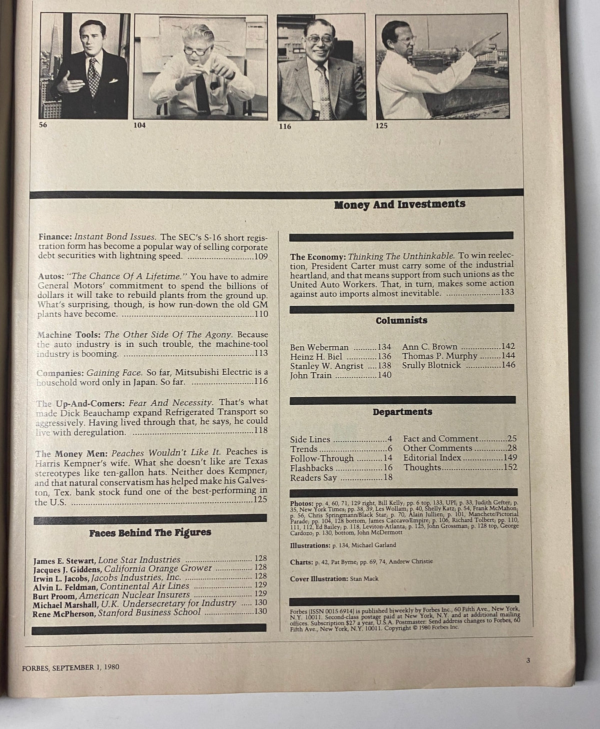 Inside pages of Forbes Magazine, September 1, 1980, displaying content on economics, investments, and key figures in the financial landscape.