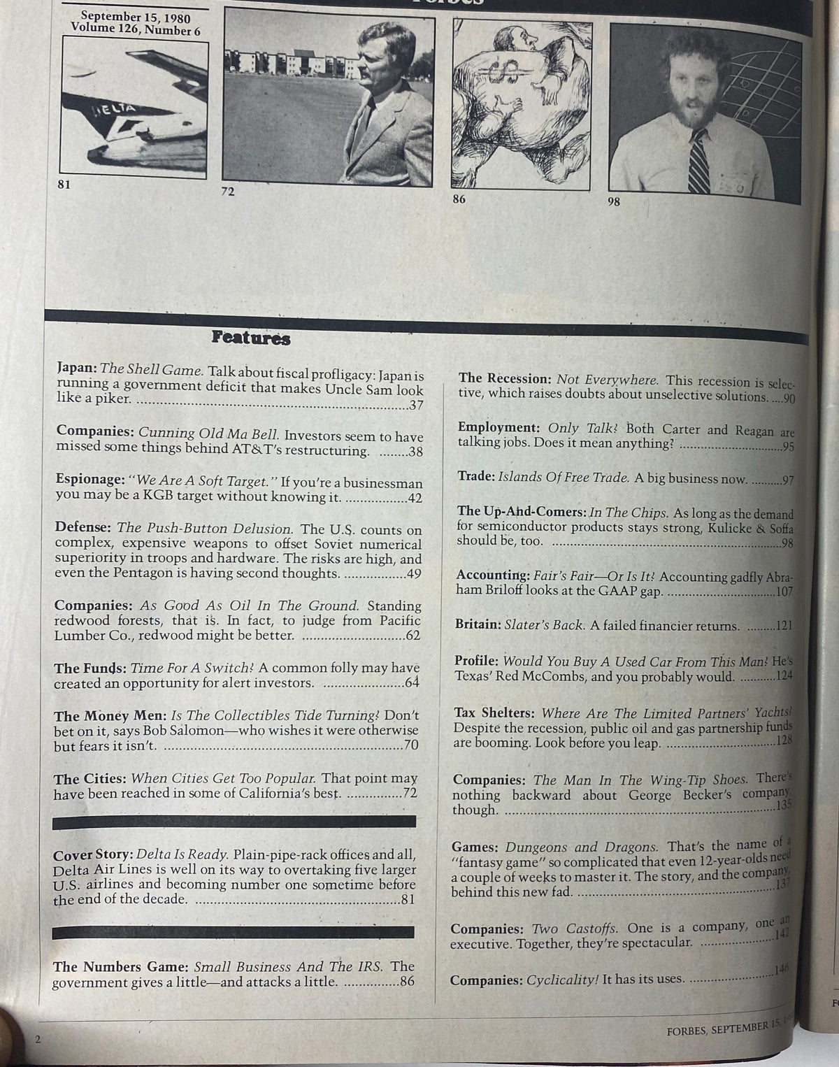Inside pages of Forbes Magazine from September 15, 1980, highlighting the features, including the cover story 'Delta Is Ready' about Delta Air Lines.