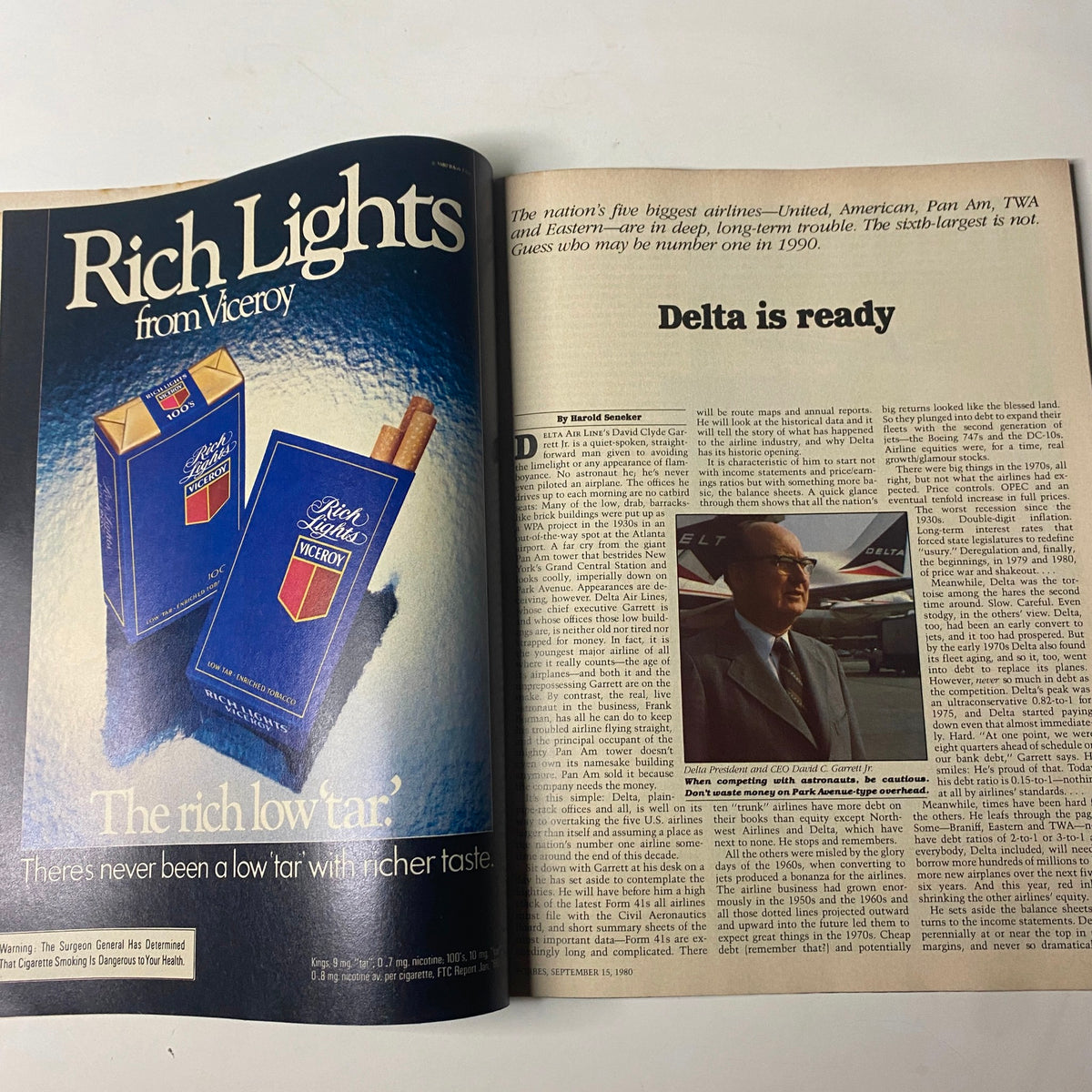 An open page from Forbes Magazine September 15, 1980 showcasing an advertisement for Viceroy cigarettes next to the cover story 'Delta is Ready' highlighting Delta Air Lines' business strategies.