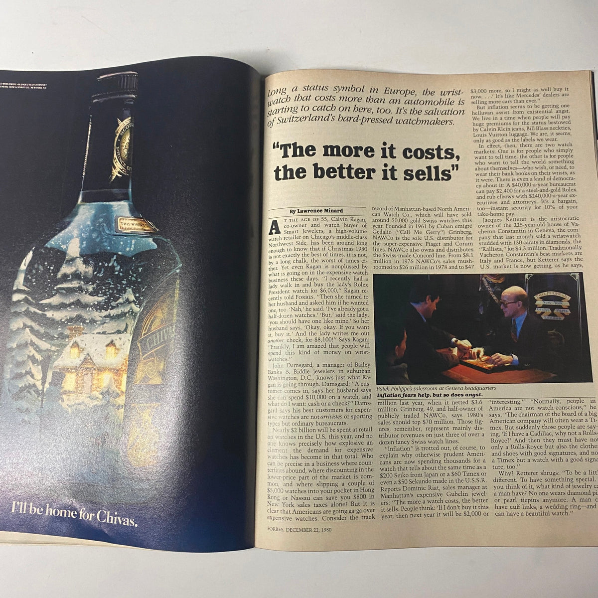 Inside article from Forbes Magazine December 29, 1980 discussing luxury items and their market dynamics, reflecting on the watch industry's relevance.