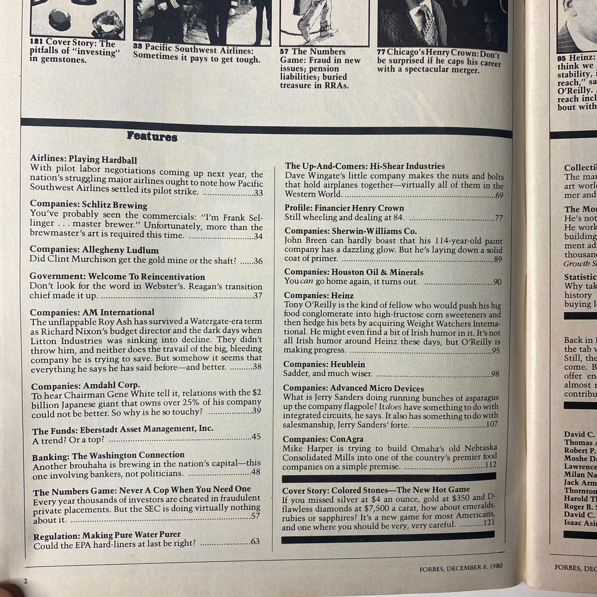 Inside page of Forbes Magazine from December 8, 1980, listing features including articles on corporate trends and investment opportunities.