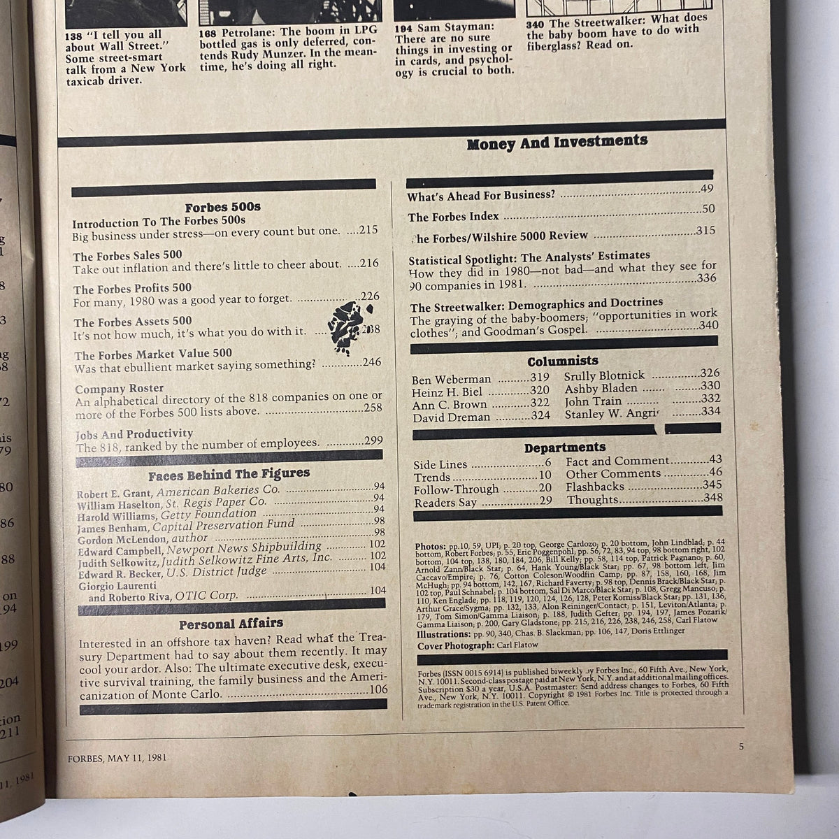 Forbes Magazine May 11, 1981 page featuring the Forbes 500 list and financial analysis insights, showcasing business rankings and market evaluations.