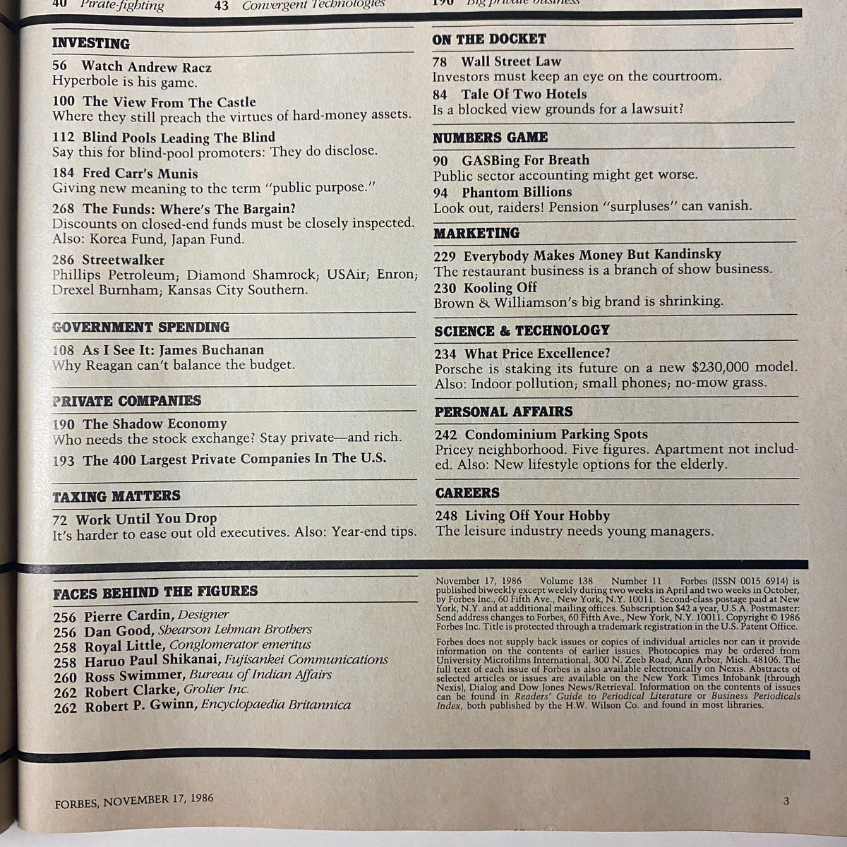 Second table of contents page from Forbes Magazine, November 17, 1986, featuring additional company indices and articles including business insights.