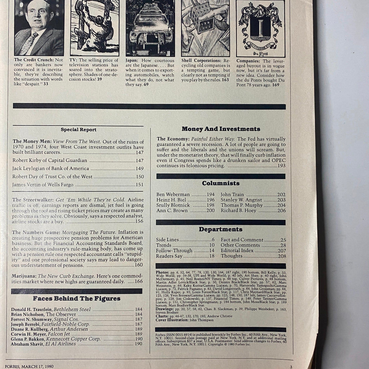 Another interior page of Forbes Magazine dated March 17, 1980, featuring articles and sections discussing economic issues and political commentary.