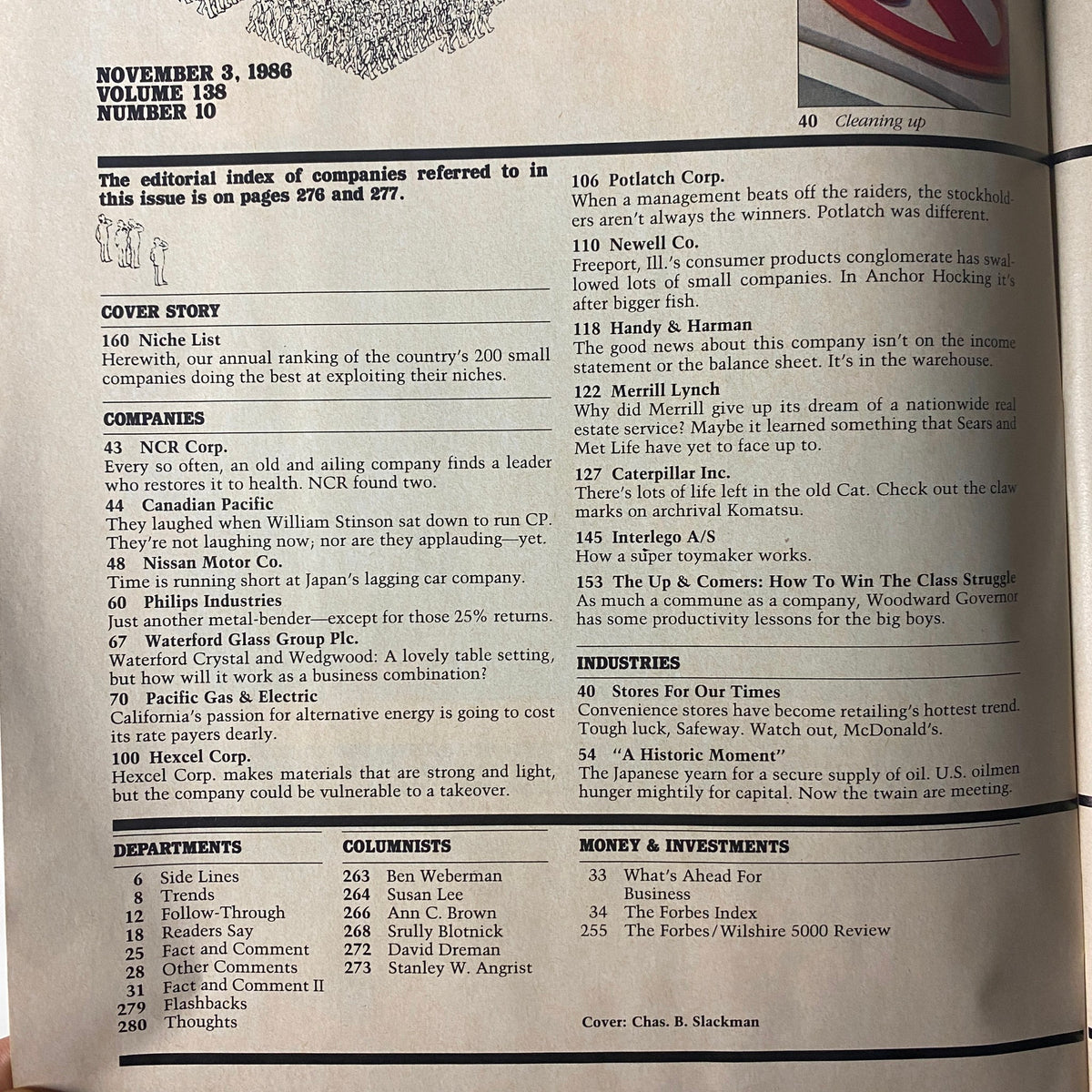 Editorial index page from Forbes Magazine, November 3, 1986, listing companies like NCR Corp. and Canadian Pacific, included in the cover story 'Niche List'.