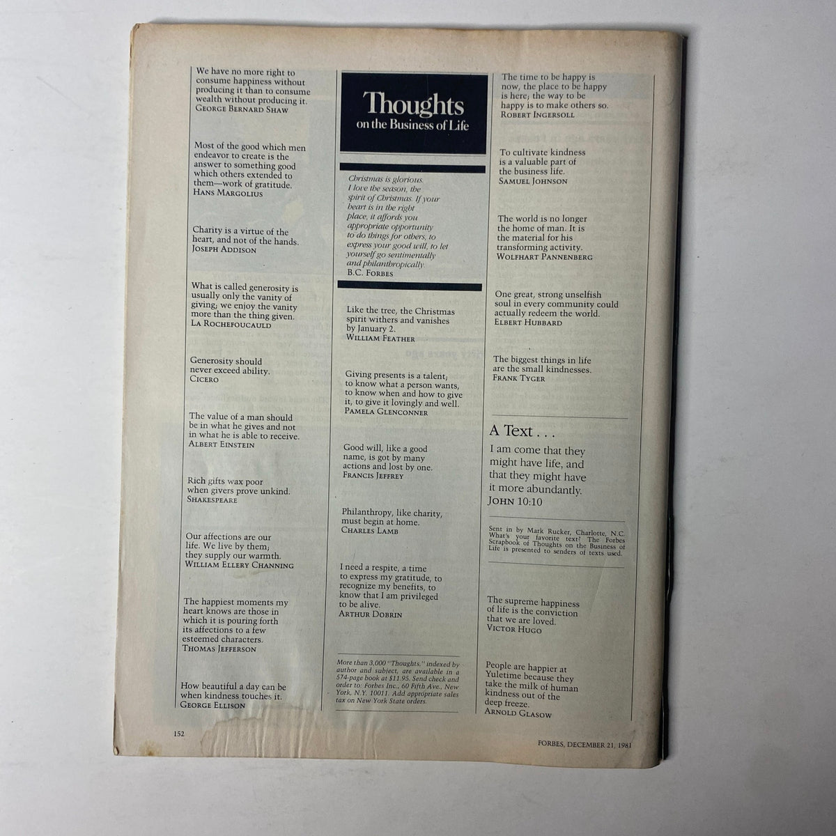 Forbes Magazine December 21, 1981 page featuring thoughtful quotes on business ethics and values, emphasizing philanthropy and kindness in professional life.