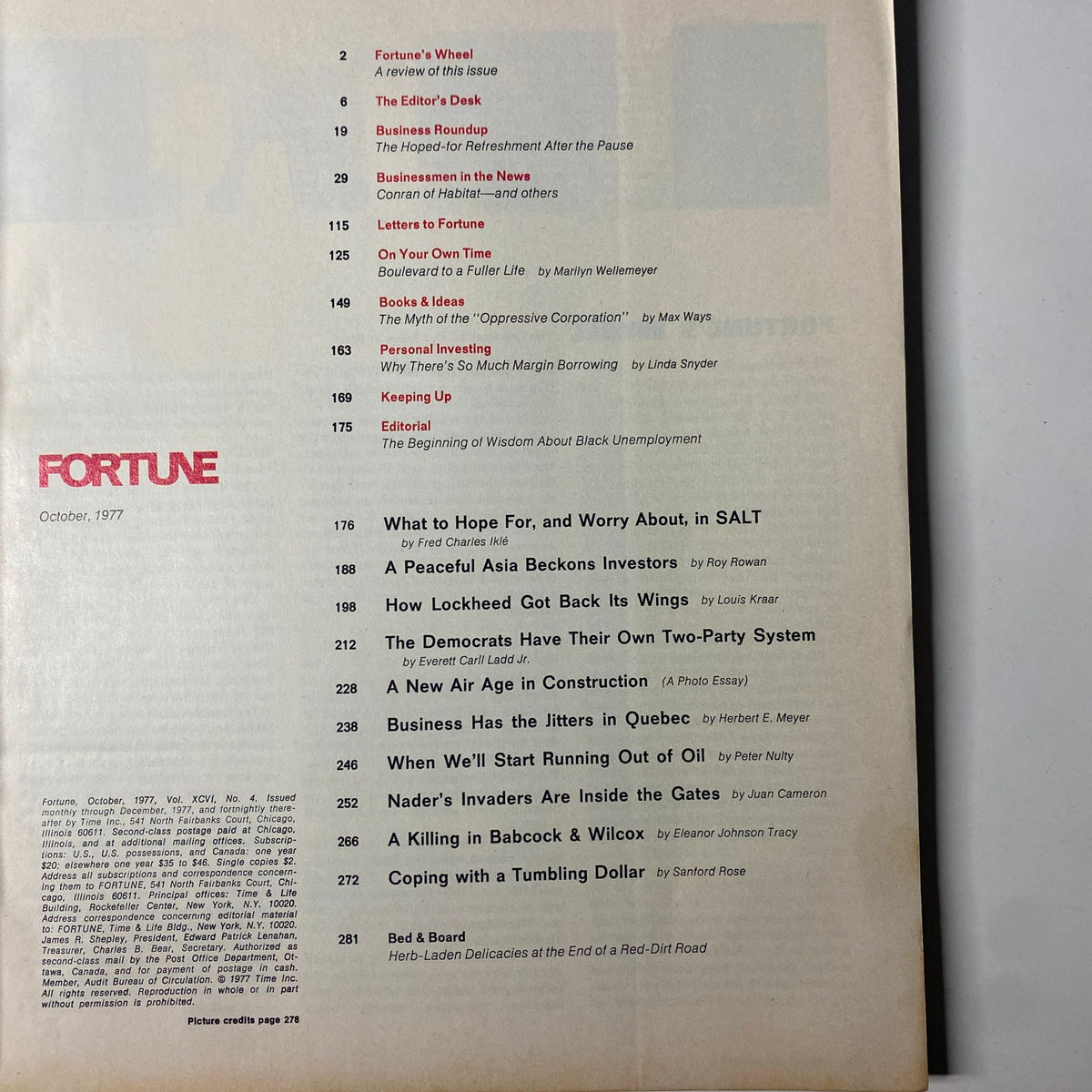 Table of contents from Fortune Magazine October 1977, highlighting articles on economics and investment insights.