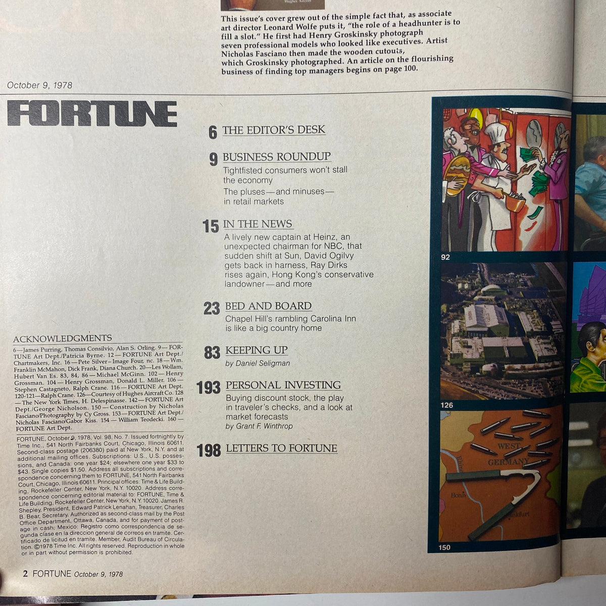 Contents page of Fortune Magazine, October 9, 1978, listing articles including 'Business Roundup', 'Keeping Up', and 'Personal Investing'.