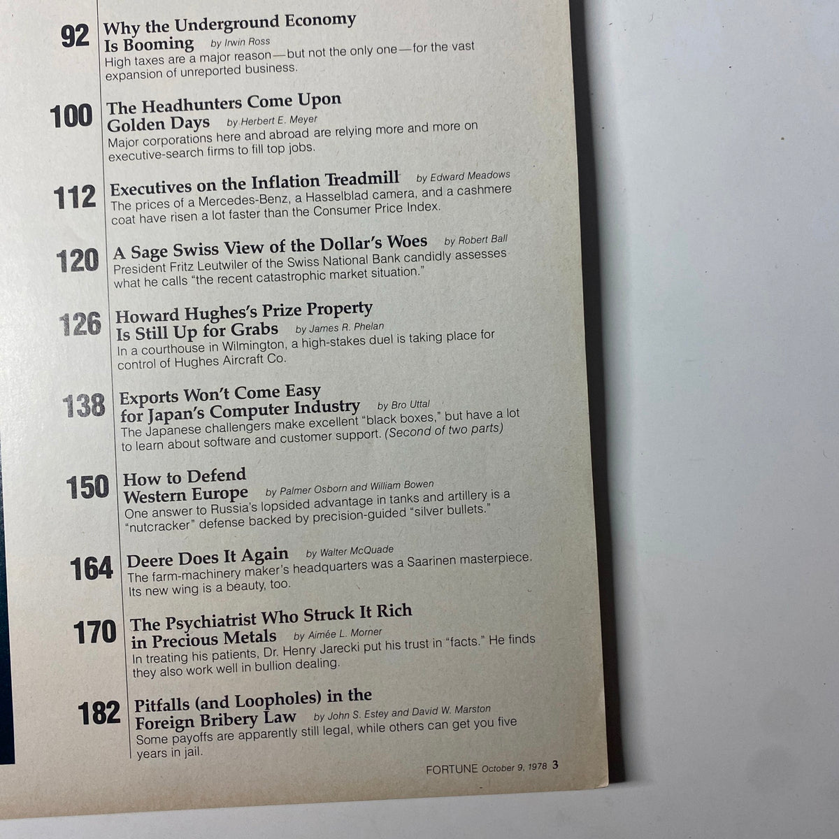 Page in Fortune Magazine, October 9, 1978, detailing various articles and topics such as 'The Headhunters Come Upon Golden Days' and 'Exports Won't Come Easy for Japan's Computer Industry'.