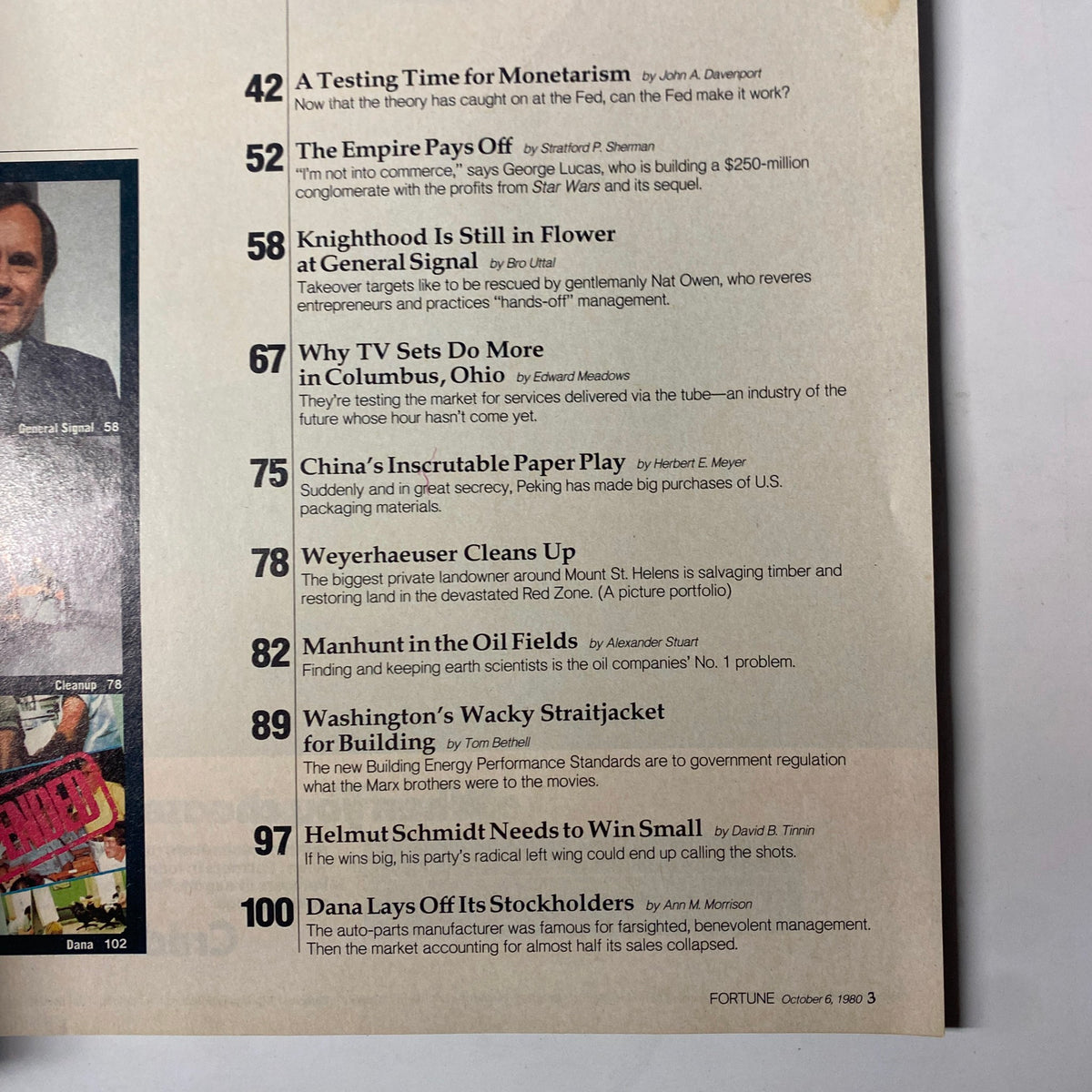 Contents of the October 6, 1980 Fortune Magazine, showcasing featured articles on monetarism and economic trends during Paul Volcker's leadership.