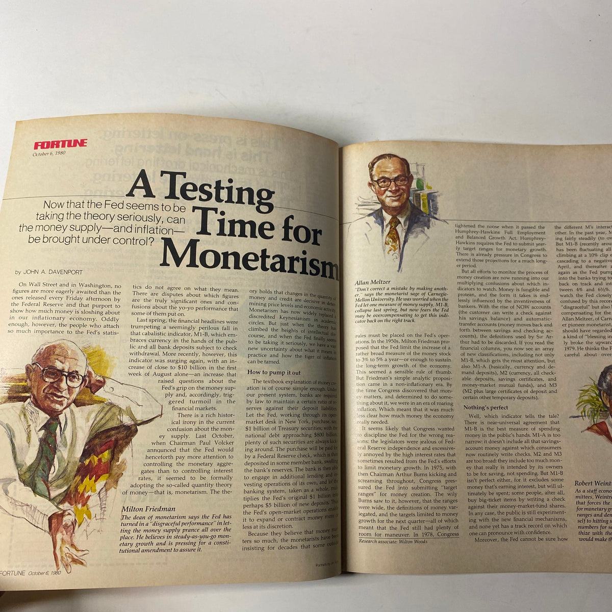 Article spread titled 'A Testing Time for Monetarism' in the October 6, 1980 Fortune Magazine, discussing the Federal Reserve's strategies on inflation control.