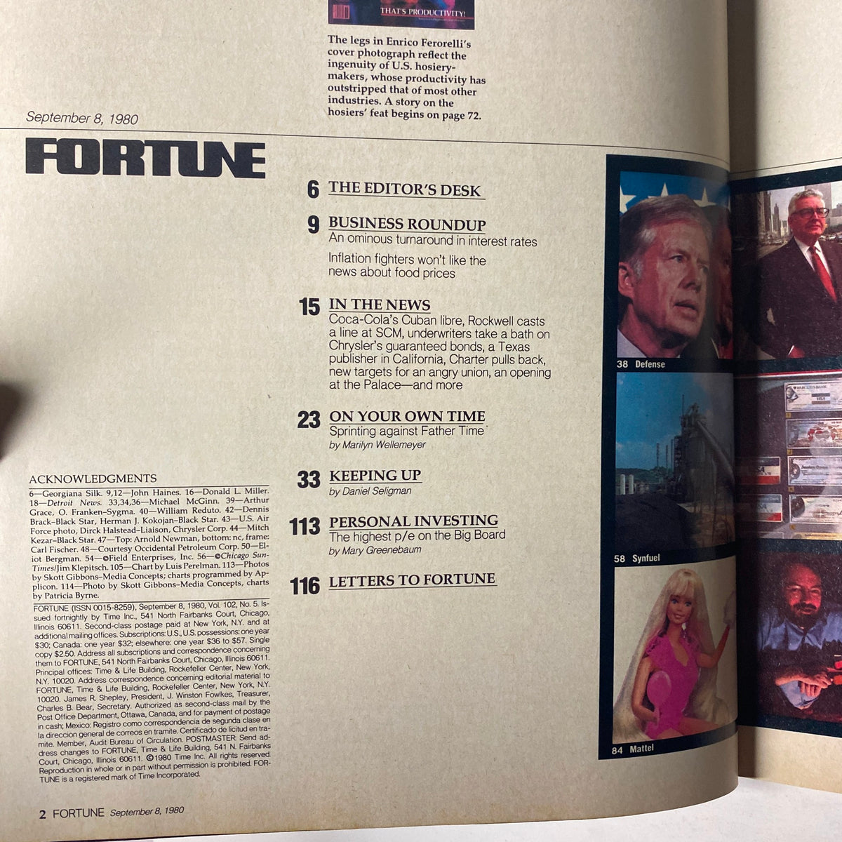 Inside page of Fortune Magazine from September 8, 1980, showcasing the table of contents and editorial section, reflecting on economic issues and insights relevant to the era.