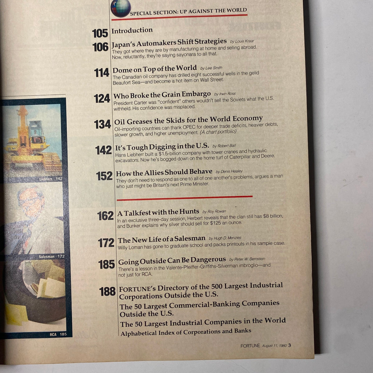 Table of contents from Fortune Magazine, August 11, 1980, highlighting key articles including a talk with Herbert and Bunker Hunt and economic trends.