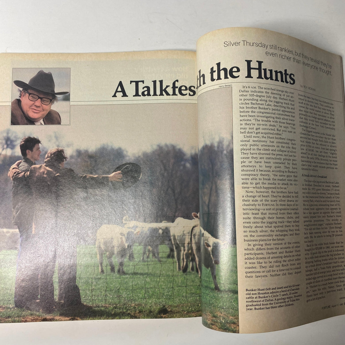 Feature article titled 'A Talkfest with the Hunts' from Fortune Magazine, August 11, 1980, showcasing Herbert and Bunker Hunt with a scenic background.