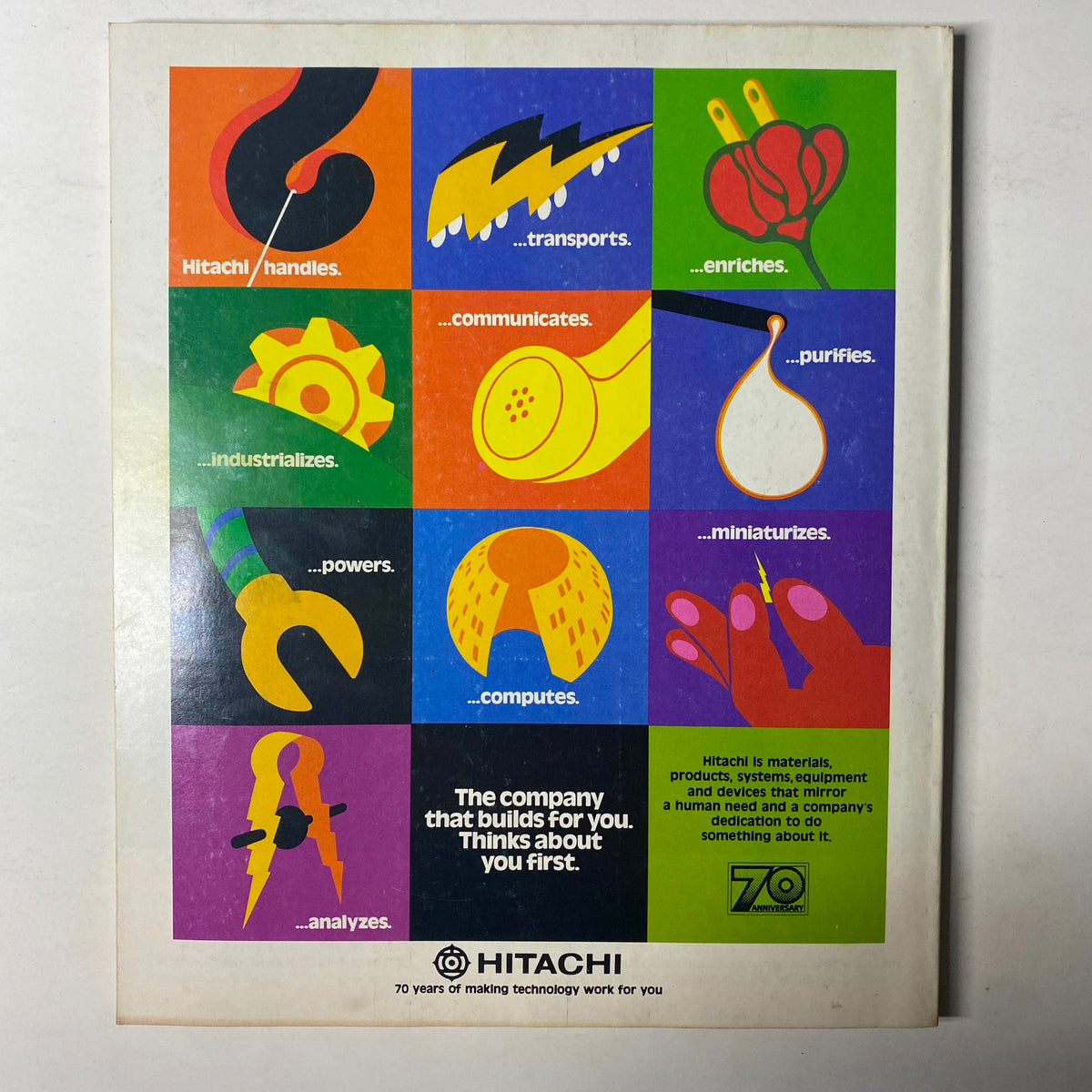 Advertisement by Hitachi in Fortune Magazine, August 11, 1980, illustrating various services and products with vibrant graphics.