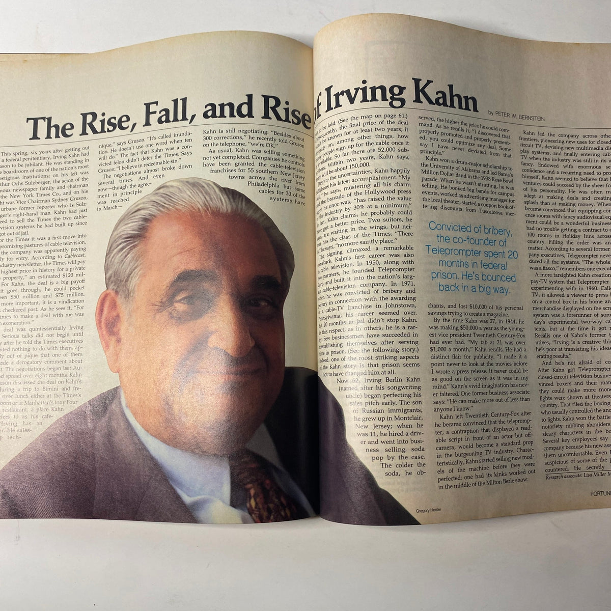 Feature article spread in Fortune Magazine, July 28, 1980, titled 'The Rise, Fall, and Rise of Irving Kahn', detailing the journey of a businessman after incarceration.