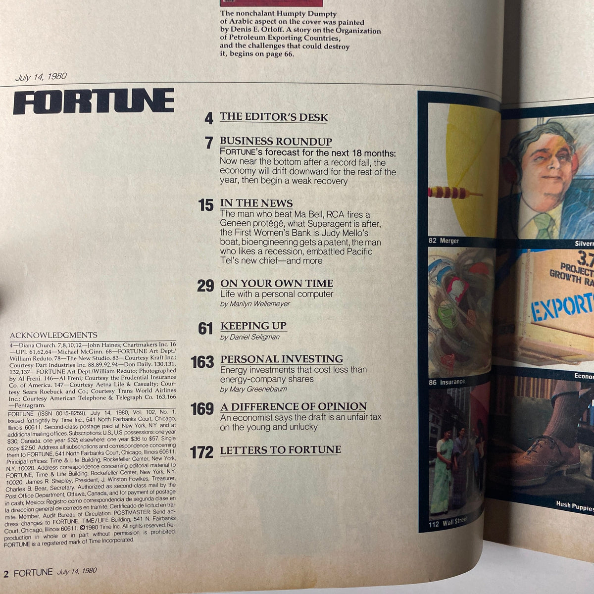 Table of contents from Fortune Magazine, July 14, 1980, highlighting articles including 'The Nonchalant Humpty Dumpty' and forecast insights.