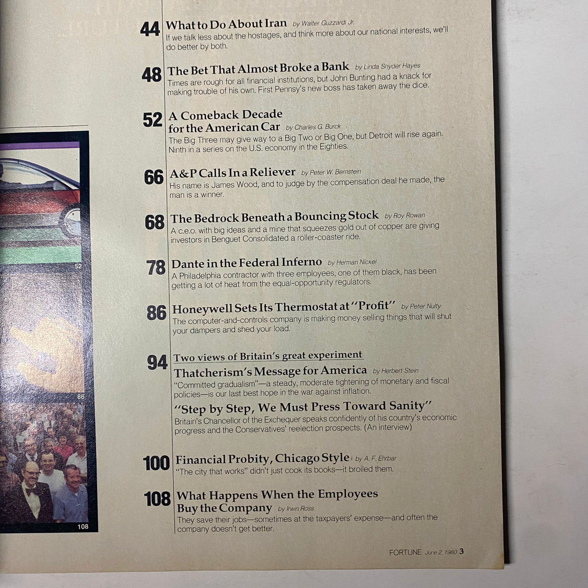 Page from Fortune Magazine June 2, 1980 showing the table of contents including 'The Bedrock Beneath a Bouncing Stock' and other articles, highlighting notable topics in the issue.