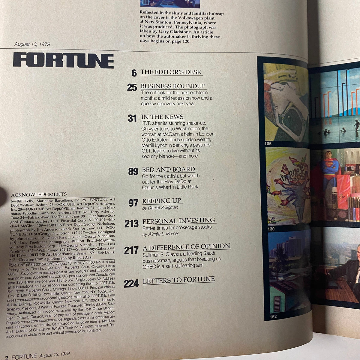Contents page of Fortune Magazine, August 13, 1979, listing articles including the economic forecast and features on the Volkswagen plant in New Stanton, Pennsylvania.