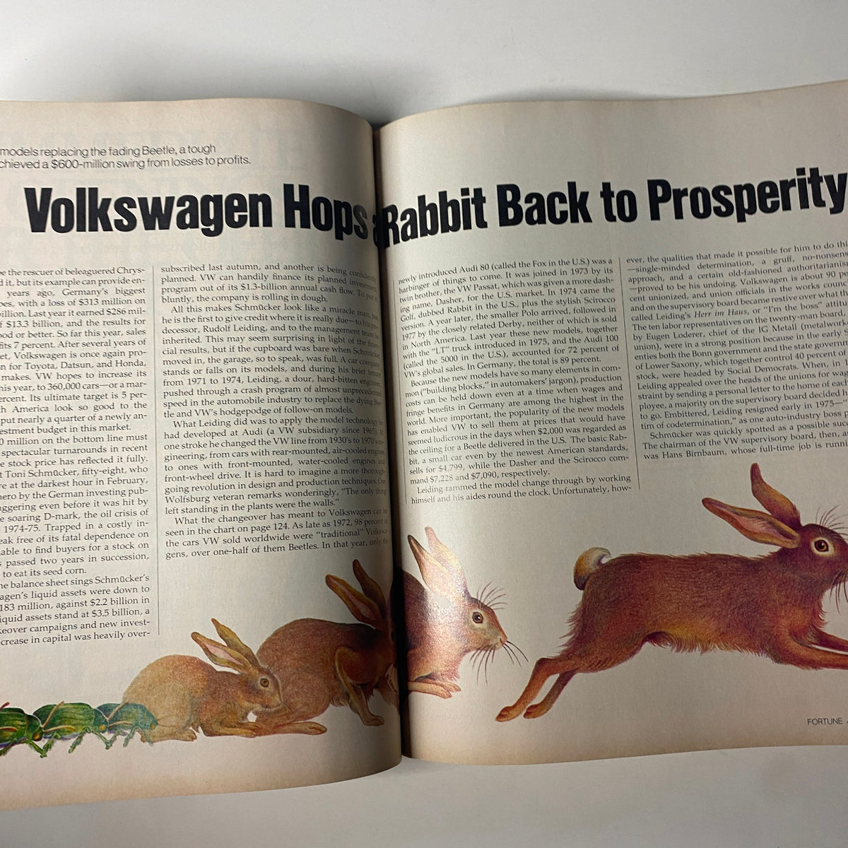 Article titled 'Volkswagen Hops Rabbit Back to Prosperity' from Fortune Magazine, August 13, 1979, discussing Volkswagen's success in the U.S. automotive market with a colorful illustration of rabbits symbolizing progress.