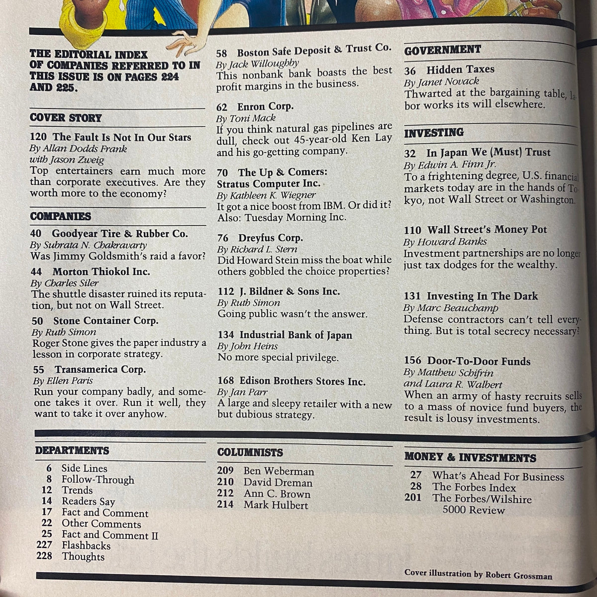 Inside content page of Forbes Magazine September 21, 1987, listing the editorial index and the cover story titled 'The Fault Is Not In Our Stars'.