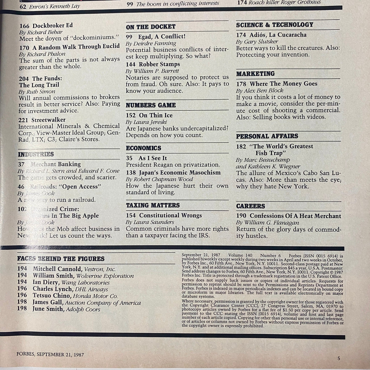 Page from Forbes Magazine September 21, 1987, highlighting sections about prominent companies and notable figures including Enron and Goodyear.