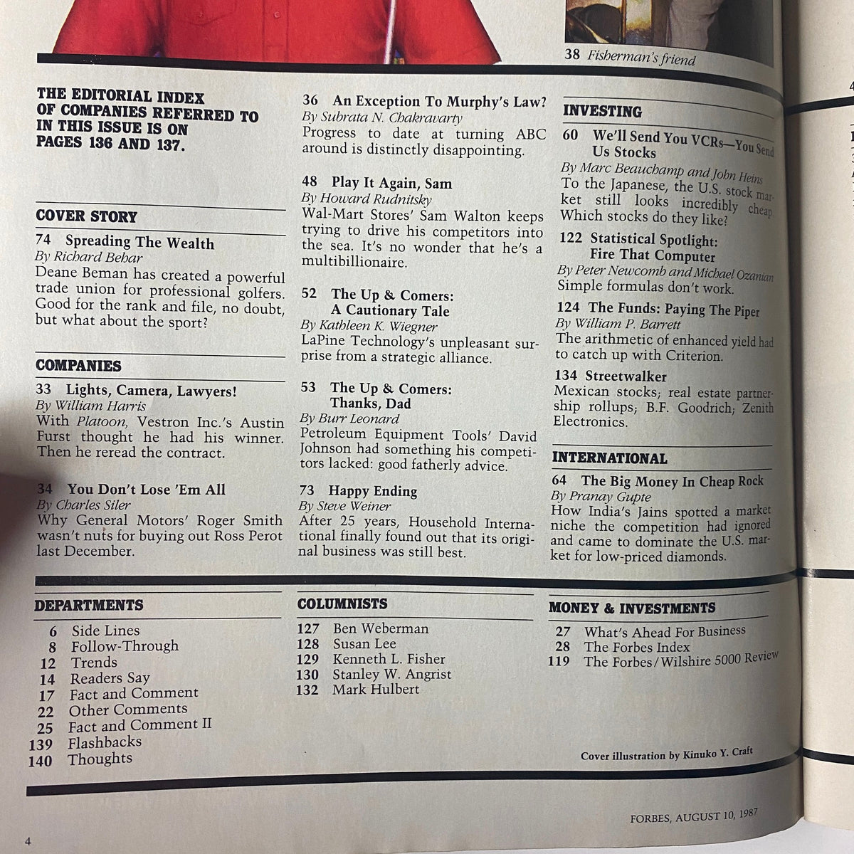 Editorial index page of Forbes Magazine, August 10, 1987, highlighting the cover story about Deane Beman and various articles.