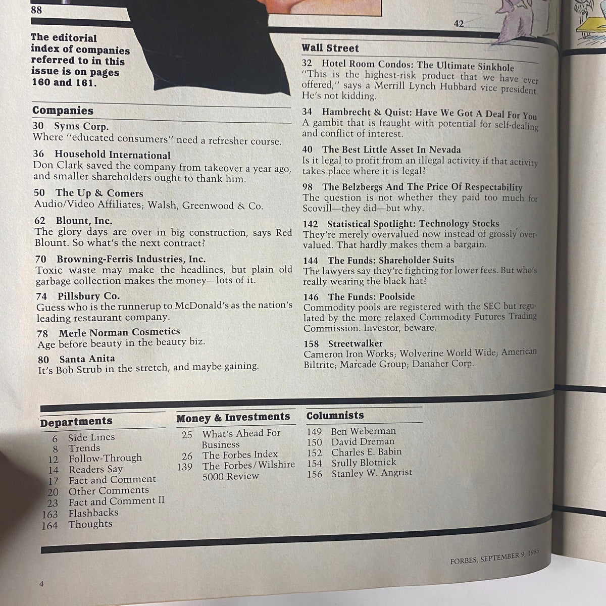 Inside page of Forbes Magazine, September 9, 1985, displaying the editorial index of companies referred to in this issue, including notable firms such as Syms Corp., and headlines from the Wall Street section.