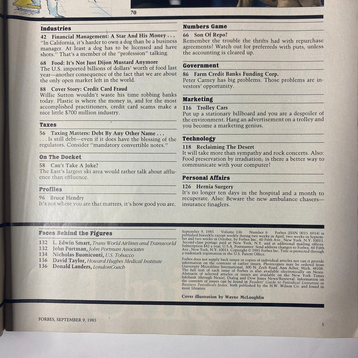 Another inside page of Forbes Magazine, September 9, 1985, featuring articles related to industries, financial management, and an overview of credit card fraud, illustrating important business topics of the time.