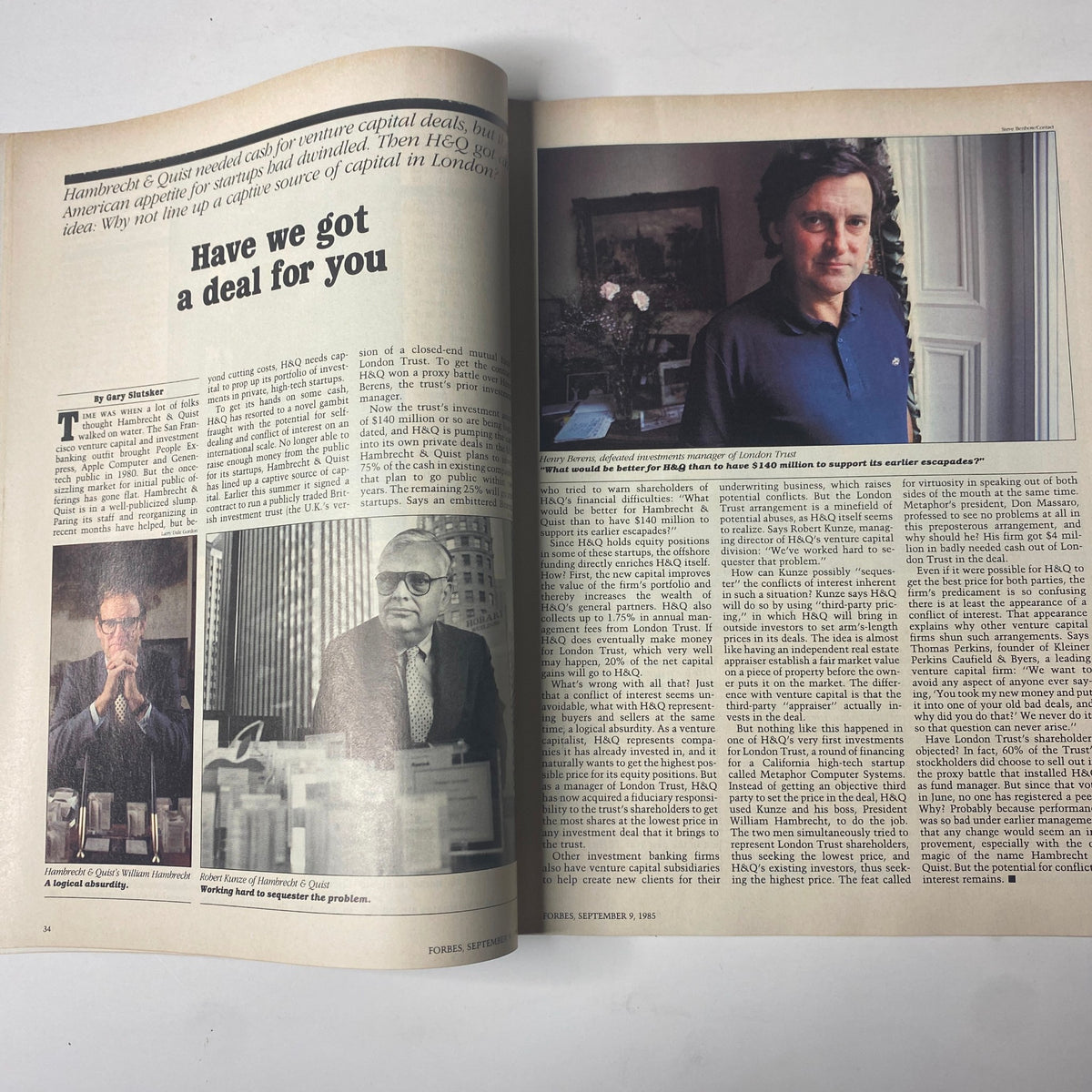 An article from Forbes Magazine, September 9, 1985, titled 'Have We Got a Deal For You?' discussing venture capital deals and financial strategies, accompanied by images of business executives.