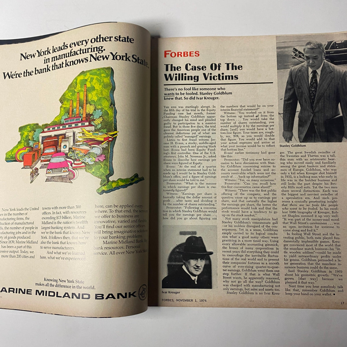 Inside spread of Forbes Magazine, November 1, 1974, discussing the Equity Funding scandal with images of Stanley Goldblum and Ivar Kreuger.